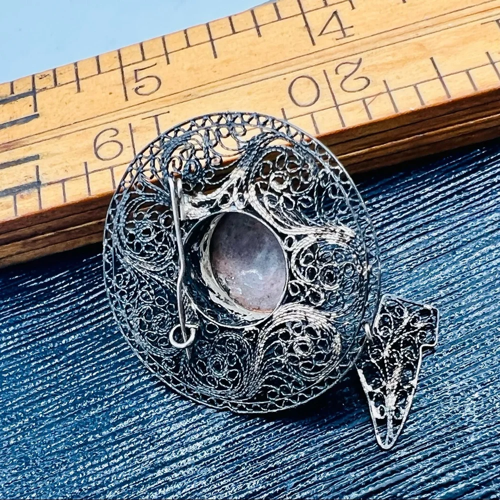 Vintage silver filigree brooch pin hat shoe dangle hand painted mid century